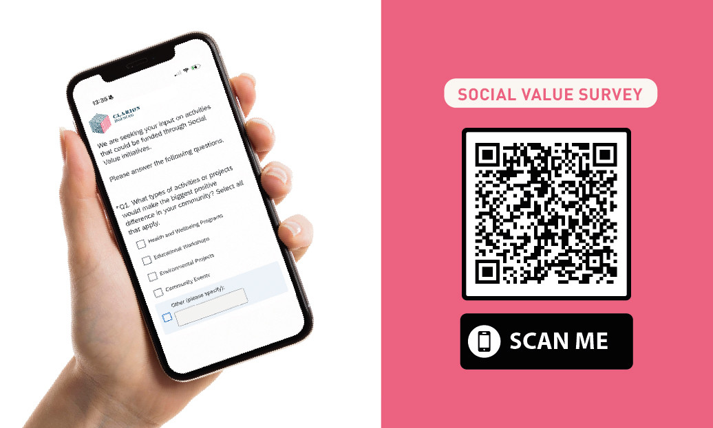 A hand holding a smartphone displaying the Clarion Housing Social Value Survey, alongside a QR code to access the survey online.